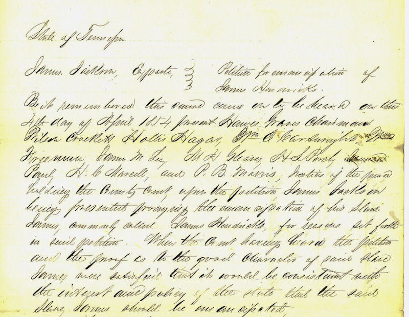 Petition for emancipation for James Hendricks from April 1854