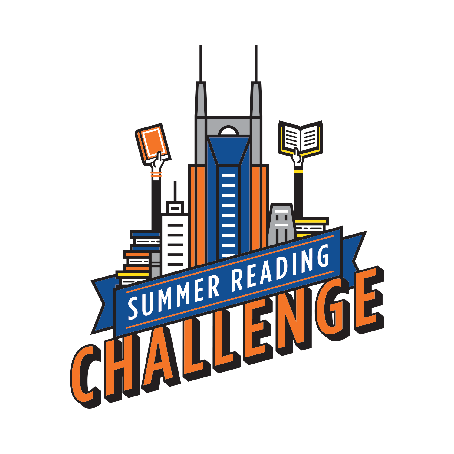 Nashville Public Library Summer Reading Challenge Logo. Image includes a rendition of the Nashville city skyline. 