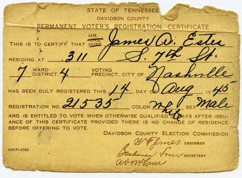 James Estes' voter registration card, 1945
