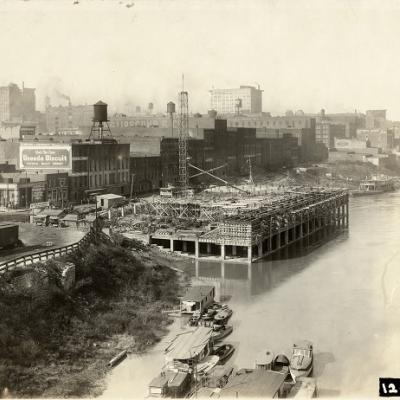 View of the construction of the downtown wharf, circa 1921