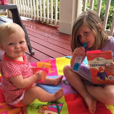 Poppy and Goldie on their porch.