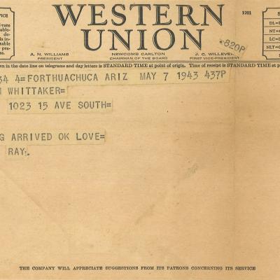 Raymond Whittaker Papers - Telegram from Ray to Jane, May 1943
