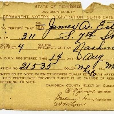 James Estes' voter registration card, 1945