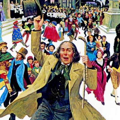 Scrooge dancing with residents of London