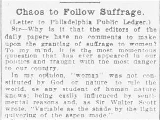 Chattanooga Daily Times clipping from September 5th, 1920 discussing the danger of women's suffrage