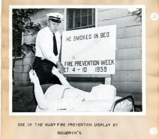 From the 1959 Fire Department Scrapbook, demonstration of fires starting from smoking in bed. 