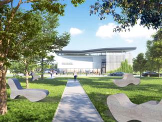 rendering of sculptures in the landscape in front of the donelson library
