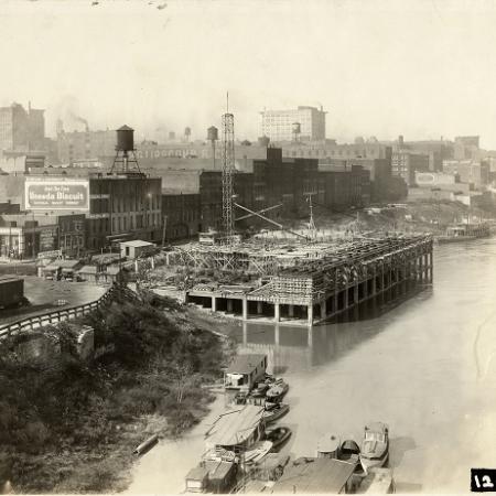 View of the construction of the downtown wharf, circa 1921